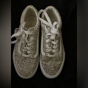 Vans Womens Old Skool Pre-owned Glitter Silver True White Striped shoes Women's